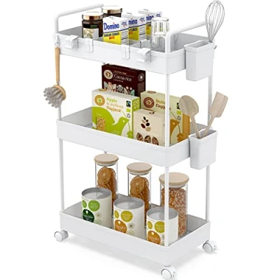 Image of Ronlap Slim Storage Trolley, 3 Tier Rolling Cart Organizer, Utility with Handle Hanging Cups Dividers for Office Bathroom Kitchen Laundry Room Narrow Places, White