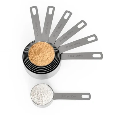 Image of Chef Pomodoro Stainless Steel Measuring Cups, 7 Piece Set, Sturdy Long Handles, Nesting and Stackable, Metal Kitchen Spoons for Wet Dry Ingredients