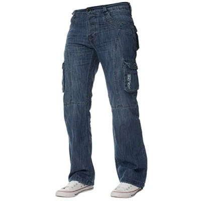Image of Kruze Mens Cargo Combat Work Trousers Pants Denim Jeans Big &amp; Tall Waist Sizes (32W X 32L, Mid Stonewash)