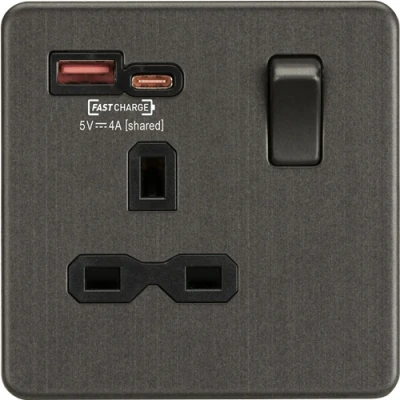 Image of KnightsBridge Screwless 13A 1G Switched Skt w/ Dual USB FASTCHARGE ports A/C (5 12V 4A shared) Smoked Bronze