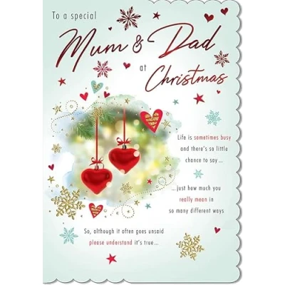 Image of Piccadilly Greetings Christmas Card Classic To a Special Mum &amp; Dad 2 hearts 9 x 6 inches