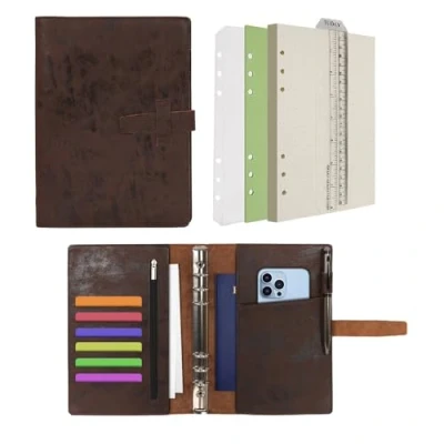 Image of Wonderpool Leather Diary 6 Ring Binder Folder Organiser with Dotted Paper Refillable Writing Notebook &amp; Multi Pockets Cover for Business Study Travel (A5, Coffee)