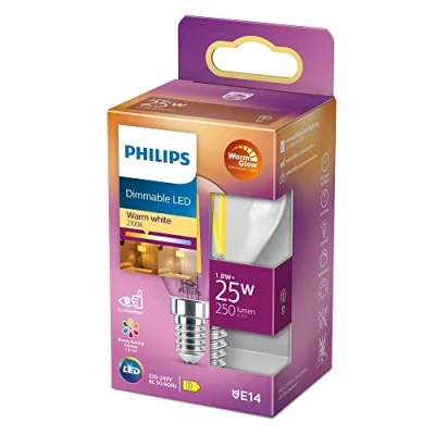 Image of Philips LED Classic WarmGlow Drop Bulb with 25 W, E14 Socket, Clear, 2200 2700 K, Dimmable
