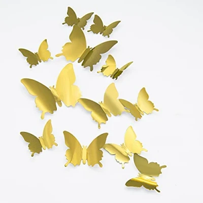 Image of 3D Butterfly Wall Stickers, CAYUDEN 24pcs Removable Gold Mirror Stickers DIY Decor 3 Sizes Decal for Room, Door, Window, Wedding, Party Decoration(Gold)