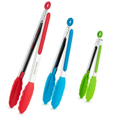 Image of Kitchen Tongs Set of 3, Cooking with Silicone Tips, Stainless Steel Buffet Tongs, Non Stick Scratch Heat Resistant for Grilling BBQ Salad Serving (Multicolor, 7/9/12 Inch)