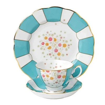 Image of Royal Albert 40017531 108 100 Years 1930 Mint Deco Teacup, Saucer, Plate 20cm, 3 Piece Set Turquoise, Bone China