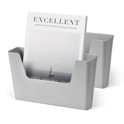 Image of YOHOM 2 Pack Adhesive File Holder for Wall Door Mount Mails Organizer Magazine Storage Rack Office &amp; School Supplies, Plastic, Grey, Small