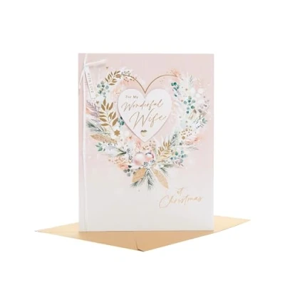 Image of UK Greetings Christmas Card for Wife Pink Foliage Heart Design