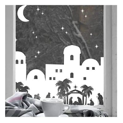 Image of Dizzy Duck Christmas Window Decal Nativity Village Scene White Reusable Cling