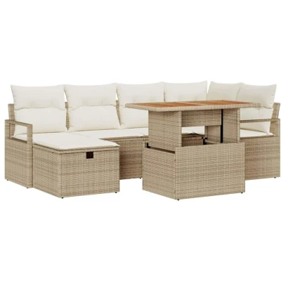 Image of vidaXL 7 Piece Garden Sofa Set with Cushions in Beige Poly Rattan