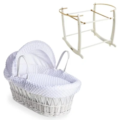 Image of Clair de Lune Dimple White Wicker Moses Basket &amp; Grey Deluxe Rocking Stand (White)