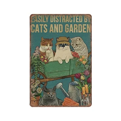 Image of DAIERCY Funny Vintage Sign Easily Distracted by Cats And Garden Metal Tin Signs for Kitchen Garage Bathroom Wall Decor 20X30 cm