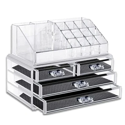 Image of Cosmetic Organiser Drawers Case Acrylic Clear Makeup Box Display Storage Bedroom Bathroom 4 Lipstick Brush Section Jewellery