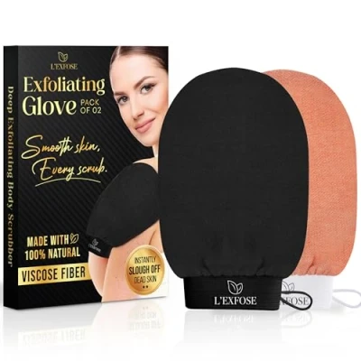 Image of L&#039;Exfose Moroccan Kessa Exfoliating Glove 2pc Korean Mitt for Body Ideal Dead Skin Remover, Keratosis Pilaris &amp; Self Tanning to Improve Tone Made with 100% Natural Viscose