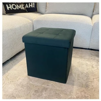 Image of Home Luxe Luxurious Foldable Green Square Brushed Velvet Storage Box Seat Ottoman