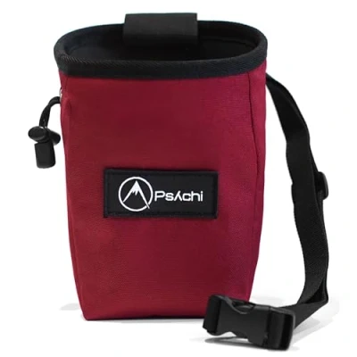 Image of Psychi OG Chalk Bag with Storage Pocket and Waist Starp For Rock Climbing Bouldering (Dark Red)