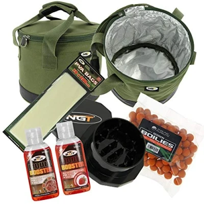 Image of NGT Insulated Bait Bin Boilies with Crusher Liquids and PVA Bag Carp Fishing Set