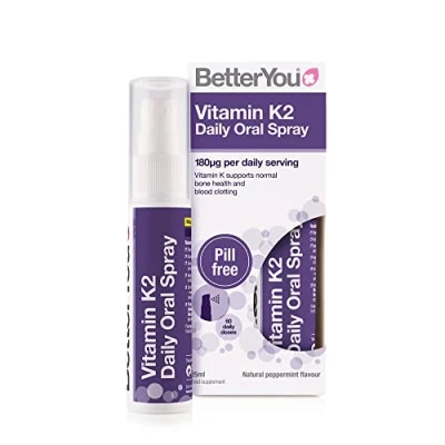 Image of BetterYou Vitamin K2 Daily Oral Spray, Pill free Supplement, Supports Normal Bone Health and Blood Clotting, 2 month Supply, Made in the UK, Natural Peppermint Flavour