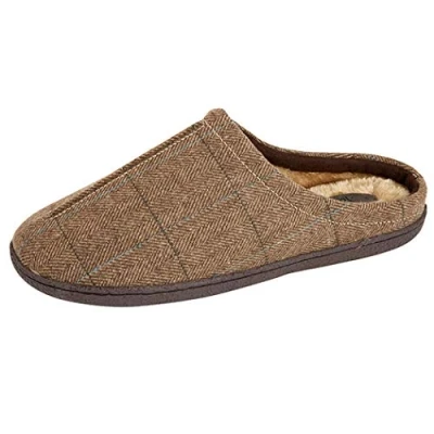 Image of Jo &amp; Joe New Mens Slip On Mules Tweed Fair Isles Nordic Knitted Warm Faux Fur Lined Slippers Size 8 12 (UK 7, Brown Tweed)