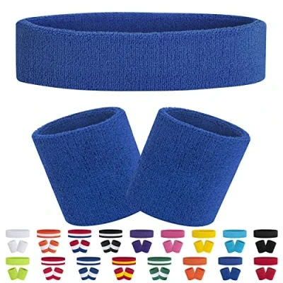 Image of FACATH Sweatband Set Blue Sports Headband Wristband Sweatbands Terry Cloth Athletic Exercise Basketball Wrist Band Headbands Moisture Wicking Sweat Absorbing Cotton Stripped