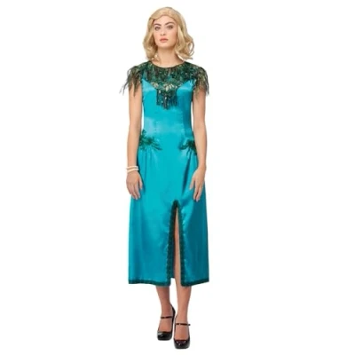 Image of Smiffys Peaky Blinders Grace Shelby Adult Costume, Shimmering Blue Dress with Feather Detail &amp; Fabulous Back Embroidery, Official License Fancy for Themed Events, Cosplay Halloween