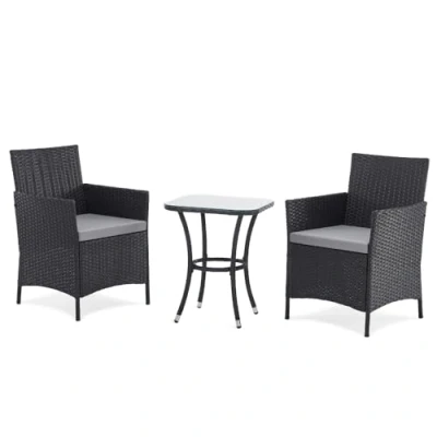 Image of EVRE Copenhagen Outdoor Rattan Garden Bistro Set 3 Piece Wicker Table and Chairs Furniture with Cushions Glass Top Coffee for Conservatories Balcony Patio Poolside Terrace (Black)