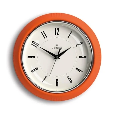 Image of Jones Clocks® Ketchup wall clock Retro round 25cm Orange Easy to read numbers Perfect kitchen or office