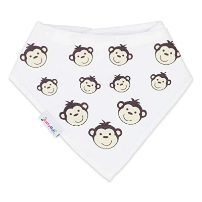 Image of Dotty Fish Baby Bandana Bibs. Drool Super Absorbent Teething Bib. Cheeky Monkey on White. Organic Cotton