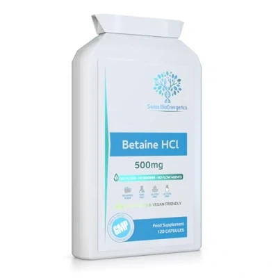 Image of Betaine HCl 500mg per Capsule 120 Vegan Capsules High Strength Hydrochloride No fillers, Binders &amp; Flow Agents Non GMO, Gluten Free SOYA Made in The UK
