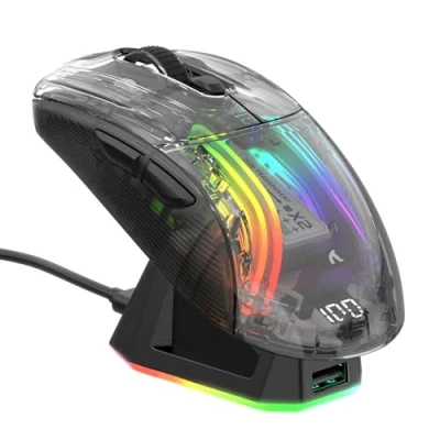 Image of ATTACK SHARK X2 Pro Wireless Gaming Mouse with RGB Charging Dock, Tri Mode PC Mice 2.4G/Bluetooth/Wired, Noiseless Backlit, Transparent Shell, PixArt 3212 4000 DPI, for Win/MAC, Black
