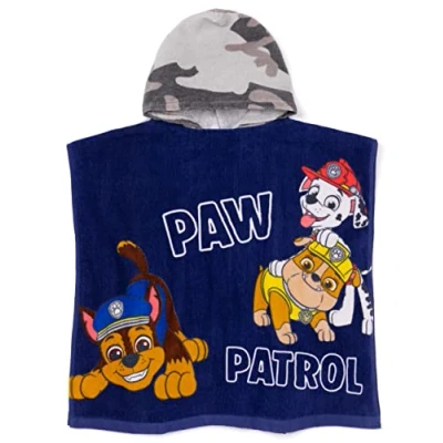 Image of Paw Patrol Towelling Poncho Boys Kids Navy Grey Camo Marshall Rubble Chase Rescue Pups Bath Beach Towel Hooded Cotton Robe One Size