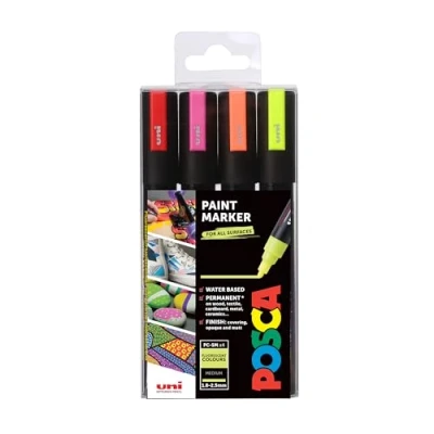 Image of POSCA PC 5M Permanent Marker Paint Pens. Bullet Tip for Art &amp; Crafts. Multi Surface Use On Wood Metal Paper Canvas Cardboard Glass Fabric Ceramic Rock Pebble Porcelain. Set of 4 Fluorescent Colours