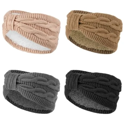 Image of DRESHOW Women Warm Knitted Headband Winter Ear Warmer Crochet Head Wraps Thick Fleece Lining Hair Bands