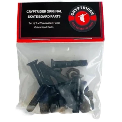 Image of CRYPTRIDER Original Skateboard Bolts Parts Set of 8 x 25mm Allen Head Premium Galvanised Bolts.