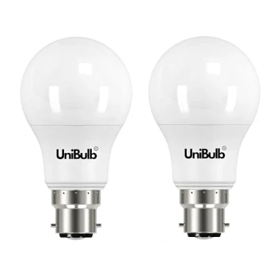 Image of Unibulb Bayonet B22 4.2W 470lm LED Light Bulbs, 40W Equivalent, Warm White 2700K, A19 Energy Saving Lightbulbs, 180 Wide Beam, Non dimmable, Pack of 2