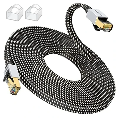 Image of Cat 8 Ethernet Cable 10M, High Speed Gigabit Nylon Braided Lan Network Cat8 Patch Cord, 40Gbps 2000Mhz RJ45 Flat Shielded, Indoor&amp;Outdoor for Modem/Router/switch, Faster than Cat5e/Cat6/Cat7