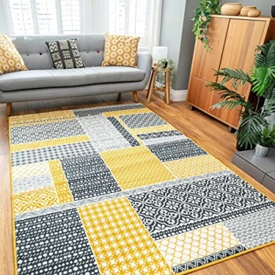 Image of Modern Patchwork Floral Grey Yellow Durable Living Room Area Rug Stain Resistant Carpet Oriental Classic Hallway Kitchen Mat Rugs 160cm x 230cm