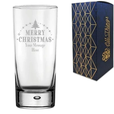 Image of Personalised Engraved Novelty Christmas Bubble Hiball Tumbler Glass with Merry Tree Design, Customise Any Name or Message, Gift Box Included, Laser