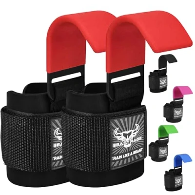 Image of BEAST RAGE Weight Lifting Hooks Wrist Straps Thick Neoprene Padded Rubber Coated Fitness Wraps Non Slip Pull Up Deadlift Grips Training Exercise Gym Workout Men Women (Red)