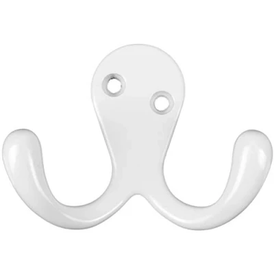 Image of 4X Heavy Duty Twin Prong Wall Hooks with a White Painted Metal Finish 50mm Ideal for Hats, Coats &amp; Clothing