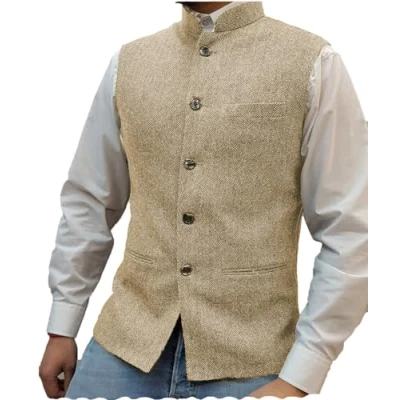 Image of Tuikayoo Mens Herringbone Wool Vests Suit Business Tweed High Collar Waistcoats Slim Fit, Champagne, XXXL