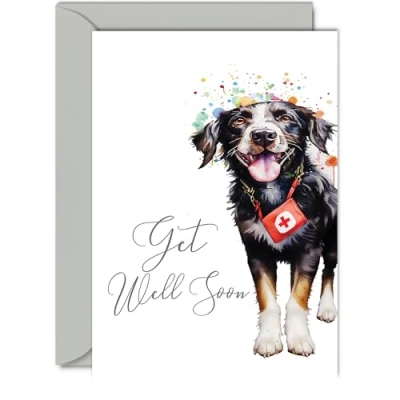 Image of Get Well Soon Cards for Women Cute Dog Men, Speedy Recovery Card, 5x7 Inch Greeting Brother Sister Mum Dad Auntie Uncle Colleague Best Friend