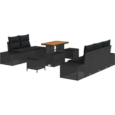 Image of Vidaxl 8 Piece Garden Sofa Set with Cushions Black Poly Rattan Acacia