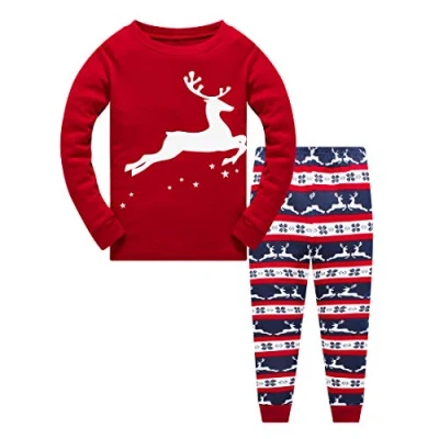 Image of Boys Christmas Pyjamas Set Kids Pjs Dinosaur Toddler Clothes Cotton Girls Pajamas Long Sleeve Nightwear Sleepwear Outfit , Reindeer, 3 4 Years