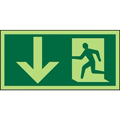 Image of Seco Fire Exit Arrow Pointing Down &amp; Man Running Left Pictogram Sign, 200mm x 100mm Photoluminescent Self Adhesive Vinyl