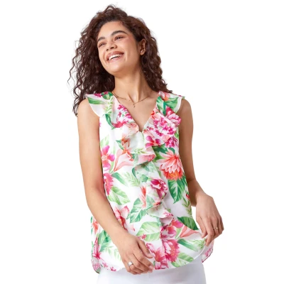 Image of Roman Originals Women Frill Front Vest Top Ladies Ruffle Blouse Summer Spring Special Occasion Evening Holiday Cruise Cocktail Party Short Long Sleeve Sleeveless V Neck White Pink Size 12