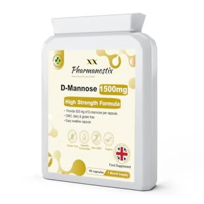 Image of Pharmanostix D Mannose 500mg Per Capsule High Strength Daily Serving (1500mg) 90 Vegan Friendly Capsules (Not Tablets) 100% Natural Premium Suitable for Vegans Made in The UK