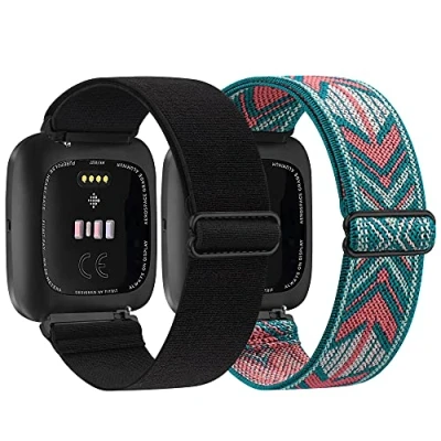 Image of 2 Pack Straps Compatible with Fitbit Versa Strap/Fitbit Strap for Women/Men, Stretchy Adjustable Nylon Stylish Replacement Wristband 2/ Versa/Versa Lite (Black,Green Arow)