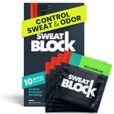 Image of SweatBlock Clinical Strength Deodorant Antiperspirant Wipes Treat Hyperhidrosis &amp; Excessive Sweat Men Women Teens 7 Days of Protection Per Wipe Dermatologist Tested Unscented 10 ct