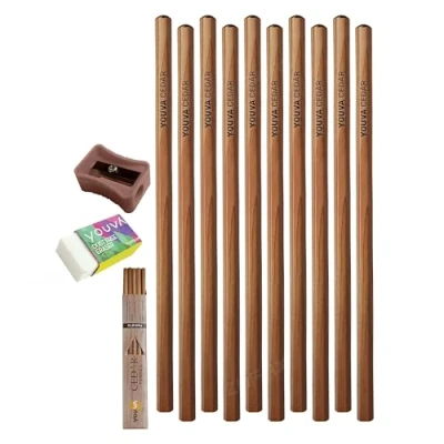 Image of CEDAR Wooden Graphite Lead Pencils, Pack of 10, Ultra Dark Pencils Sharpener Eraser Pack, Ideal for Write Draw Sketch Use, iZOFAX Black Ball Pen